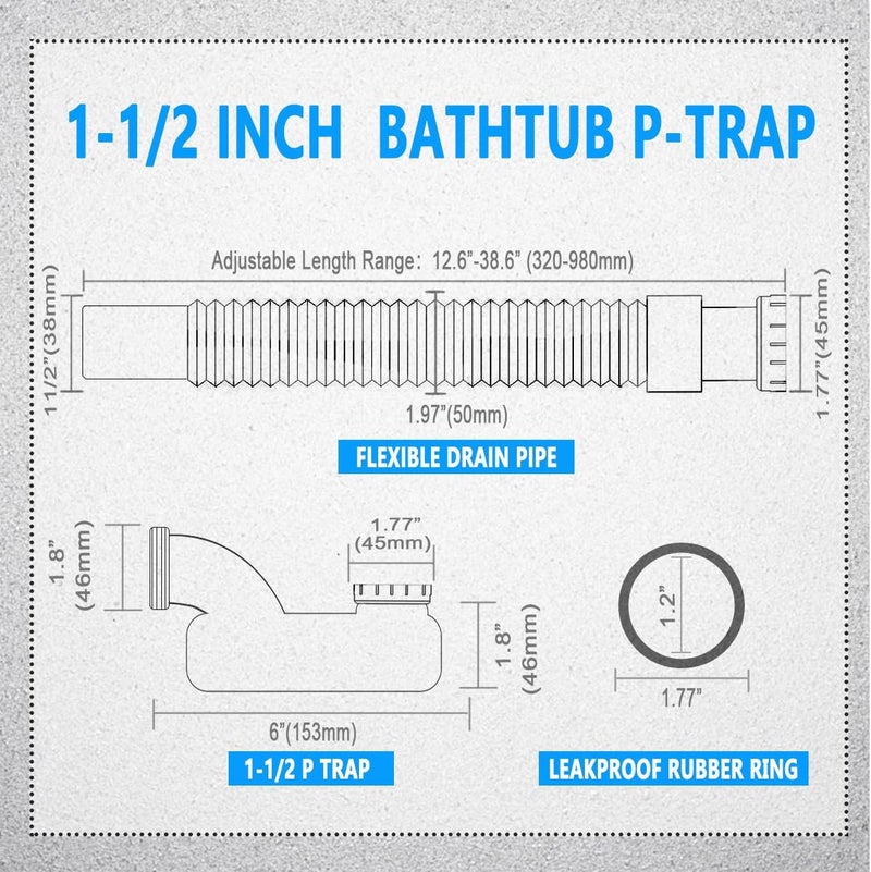 Cinsda Bathtub Shower Drain Pipe, Low Profile Flat 1 1/2 P Trap Kit Flexible Freestanding Tub Drain for Bath - Image 2